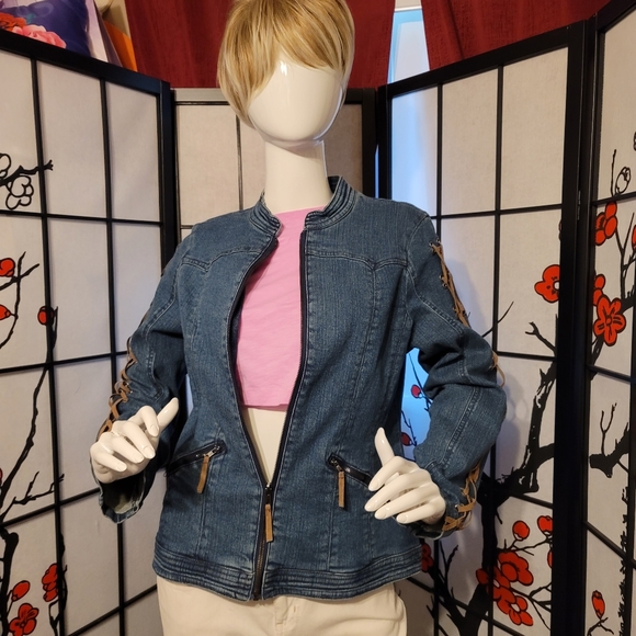 LAL (LIVE A LITTLE) LADIES WASHED DENIM SHOT JACKET SUEDE ART DESIGN/SIZE MEDIUM - Picture 2 of 16